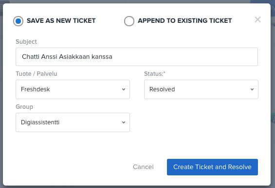 Ruutukaappaus chat-keskustelun tallentamisesta tiketiksi.