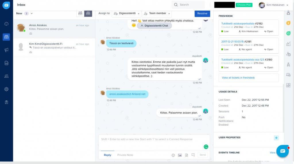 Ruutukaappaus Freshchatin agenttinäkymästä.