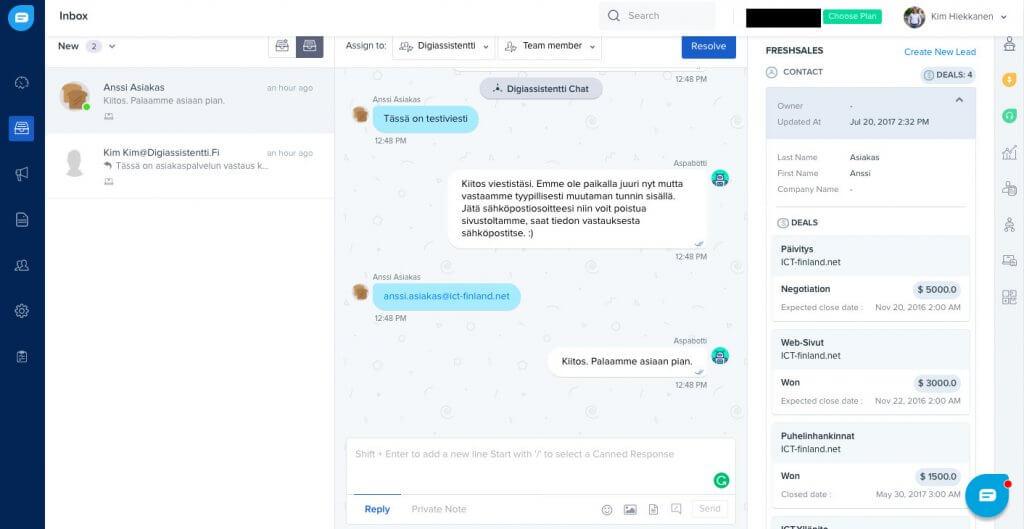 Ruutukaappaus Freshchatin agenttinäkymästä.