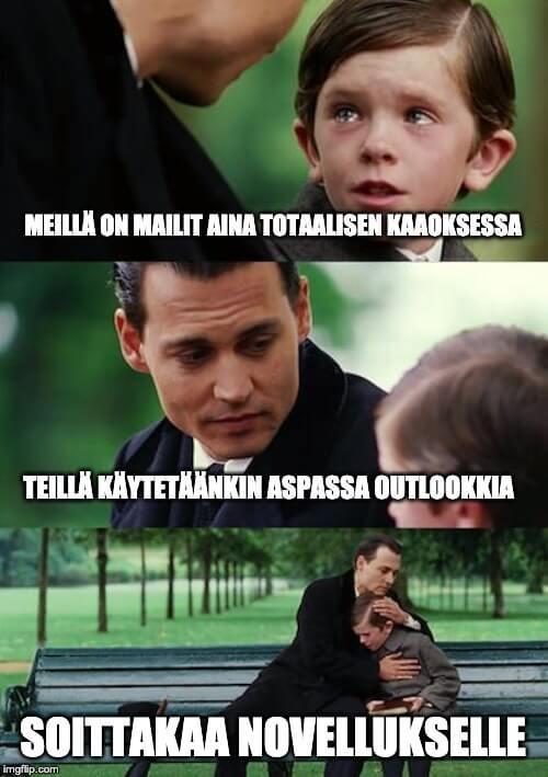 Jos asiakaspalvelussa käytetään Outlookkia, soita Novellukselle - sarjakuva.